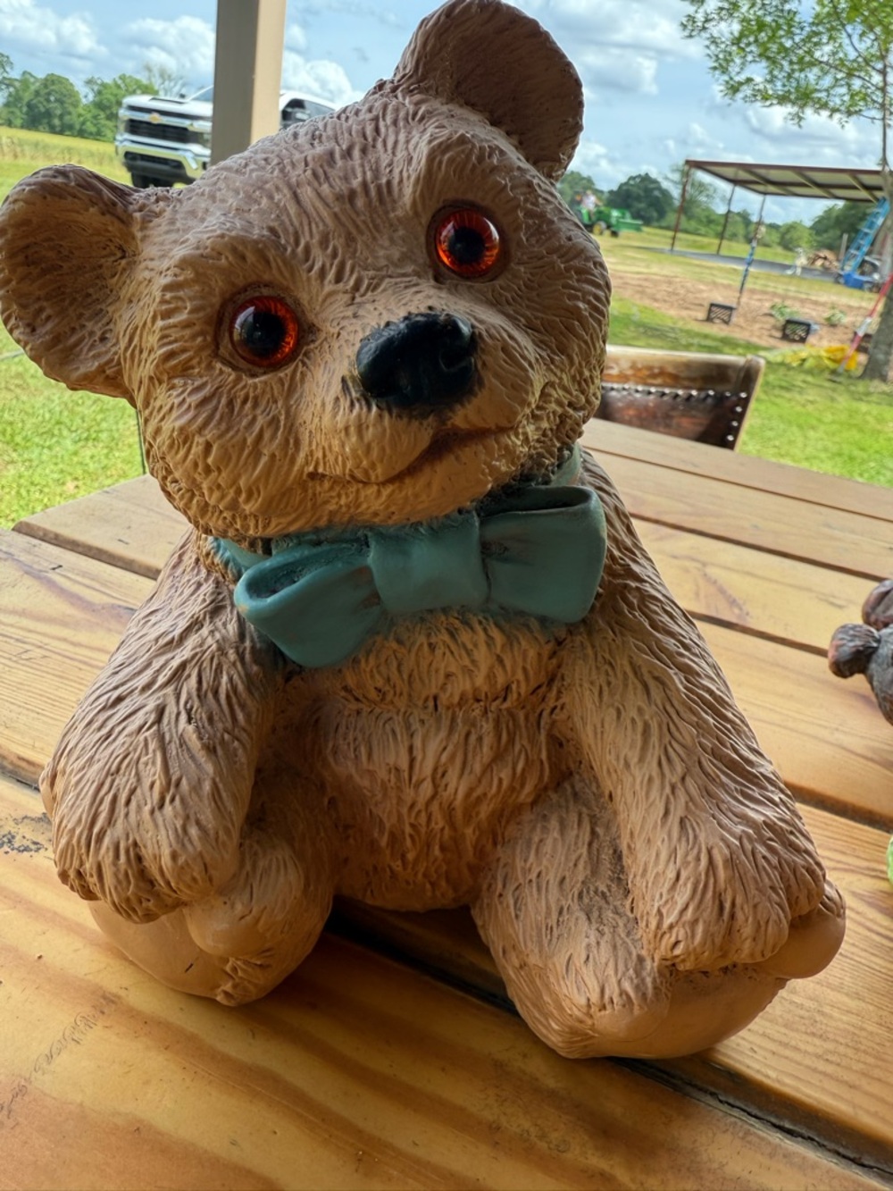 Vintage 1983 - Ceramic Teddy Figurine with Teal Bow - grandmacore decor